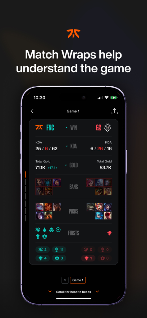 Interfaz de la aplicación Fnatic que muestra estadísticas detalladas de partidos de esports y resúmenes de rendimiento.