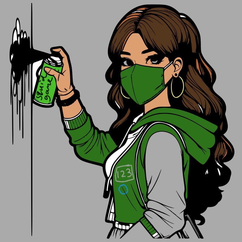 realistic girl with mask spray painting a wall