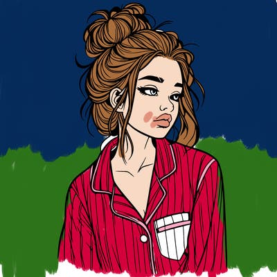 realistic woman with pajamas on and a messy bun