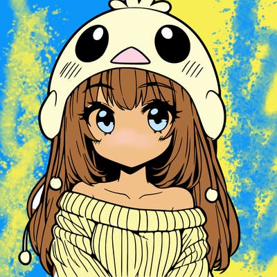 anime girl with chick shaped hat with sweater with bare shoulders with bangs covering them one eye with low tail