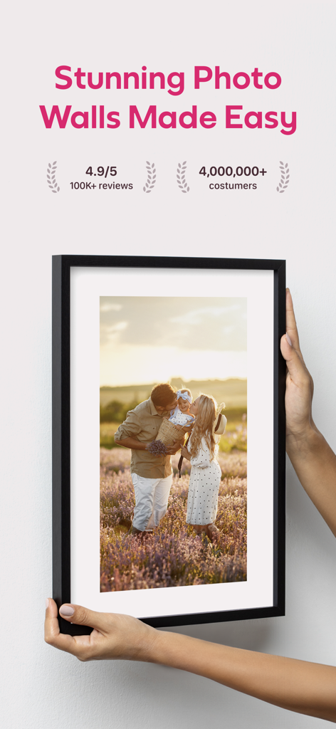 Mixtiles · Tiles & Photo Books - Hands holding a framed family portrait with text promoting easy photo walls