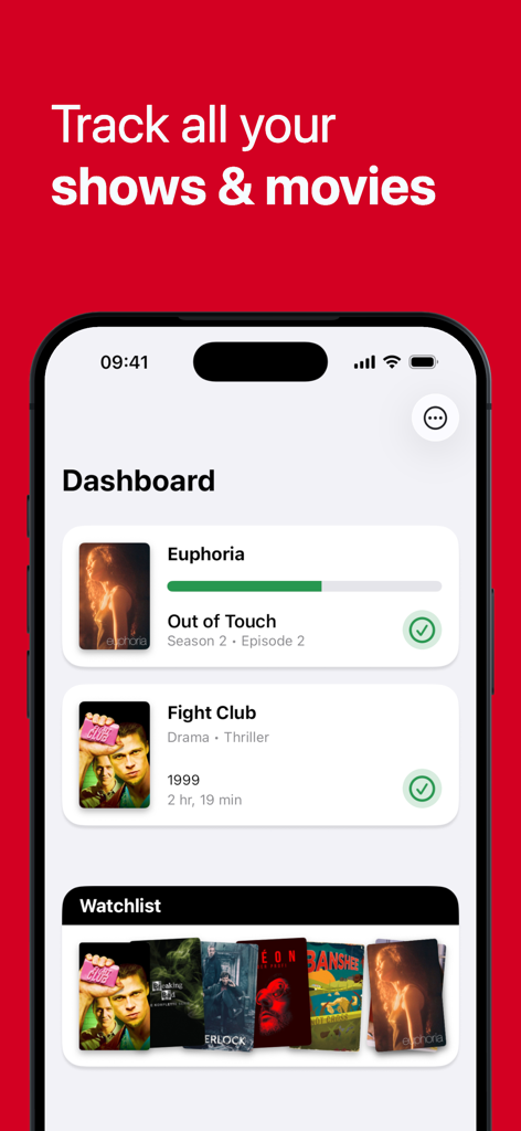 Showdown - TV & Movie Tracker - Showdown app interface on an iPhone displaying a dashboard for tracking TV show progress and a movie watchlist.