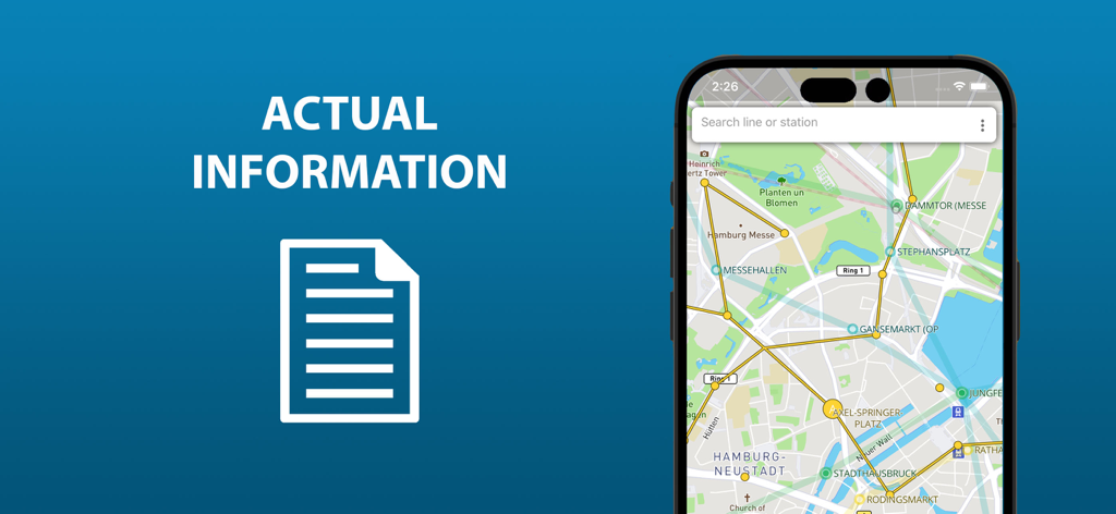 Una schermata di smartphone che visualizza una mappa dei trasporti accanto al testo Informazioni Attuali e un'icona a forma di documento