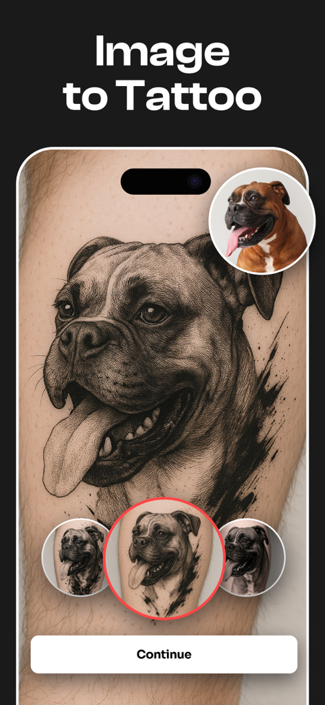 Retrato de tatuagem de cachorro realista gerado por IA na pele humana com base em uma foto de cachorro boxer.