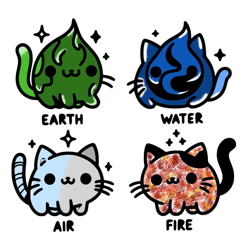4 cats that represent the different elements, earth, water, air, and fire