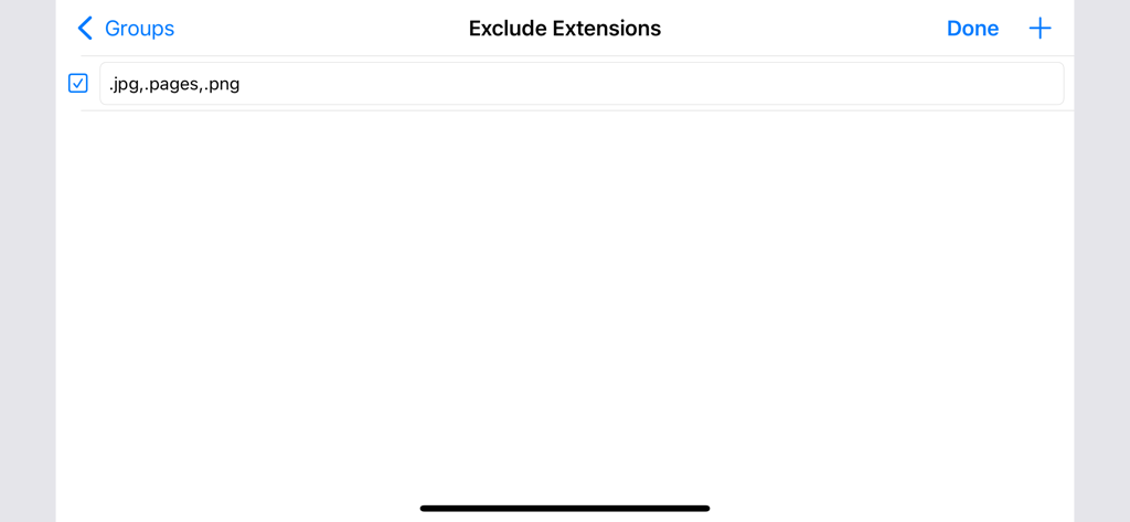 Pantalla de la aplicación Sync Folders que muestra la opción de excluir extensiones de archivo específicas como jpg y png de la sincronización