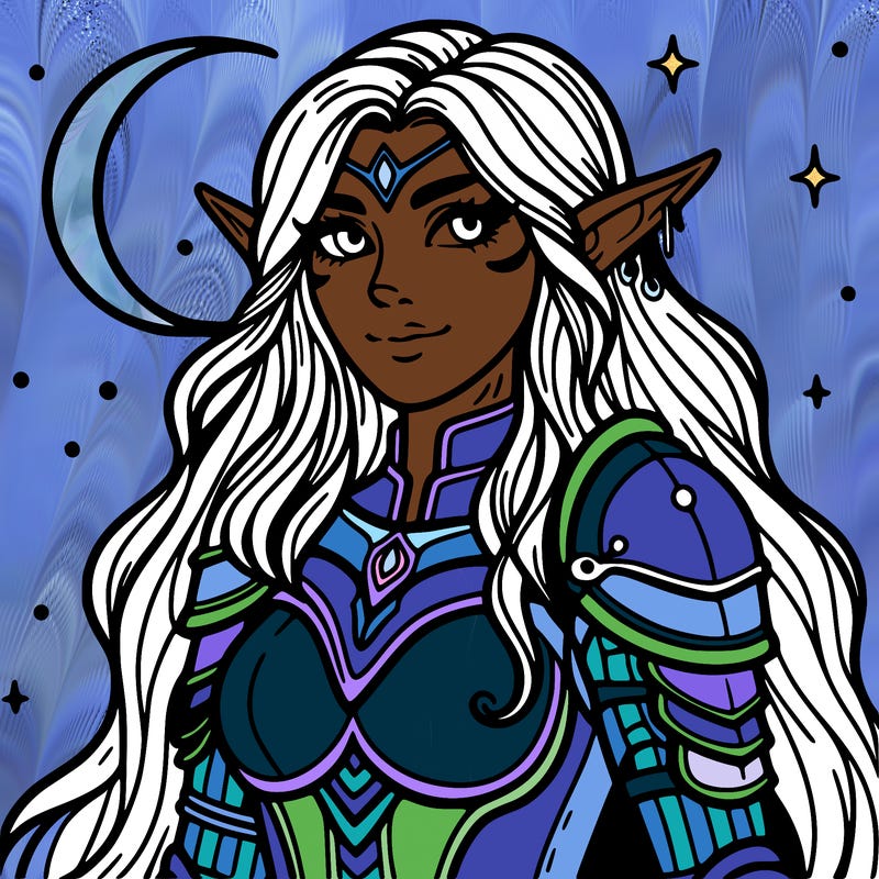 elf with long hair, armor, and a moon behind her
