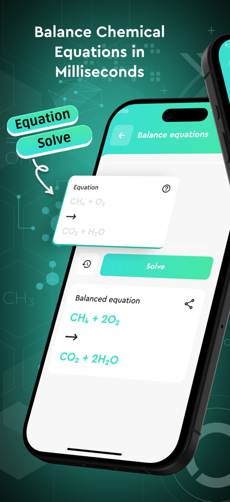 Chemify: AI Chemistry helper - Chemifyアプリがメタンの燃焼反応式を計算している様子を示す携帯電話画面。