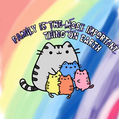 pusheen hugging family and above it says "family is the most important thing on earth"