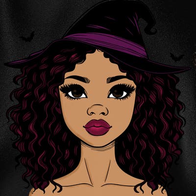 realistic black girl with wavy hair and witch hat and nose and lips