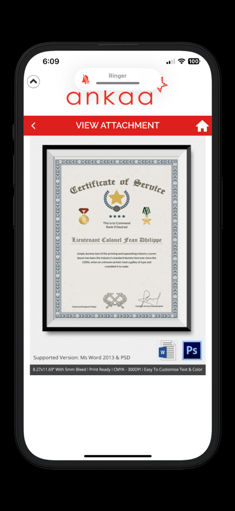 ankaa - The Ankaa mobile app interface displaying a digital Certificate of Service attachment for a maritime professional profile.