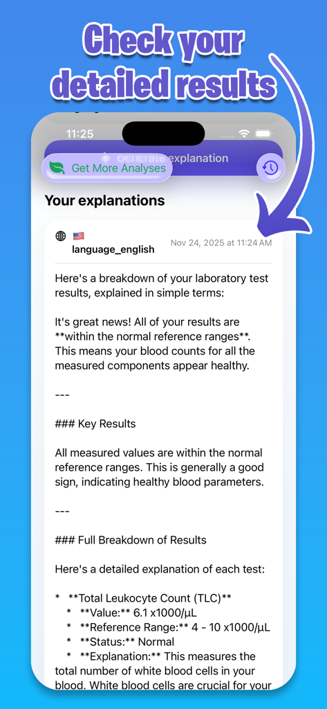 A mobile app screen showing a detailed AI explanation of blood test results in simple language