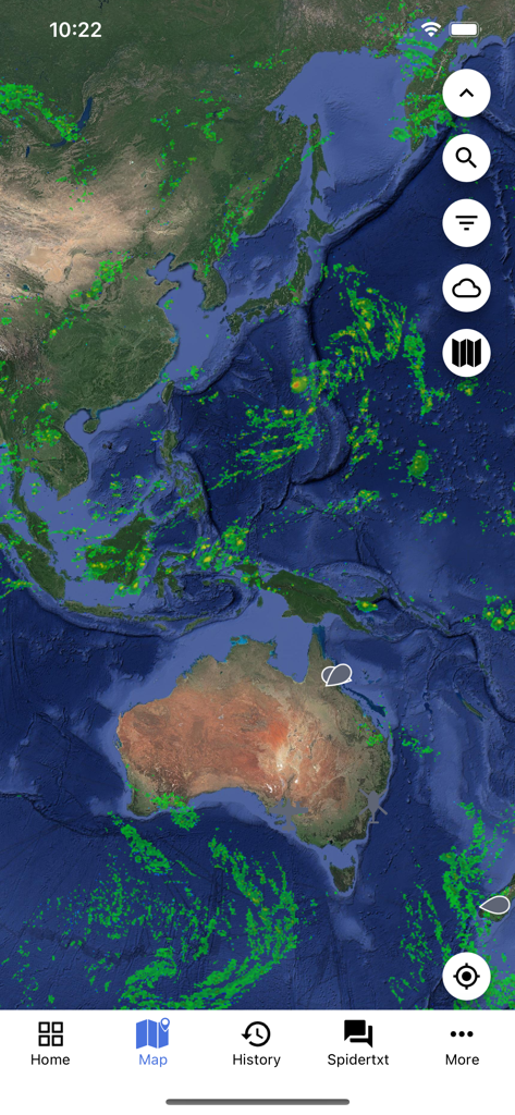 Spidertracks app interface showing a weather radar overlay on a satellite map of the Asia Pacific region