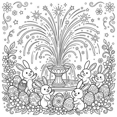 Celebrate Easter with a unique twist! This coloring page combines adorable bunnies, decorated eggs, and a festive fountain fireworks display for endless creative fun.