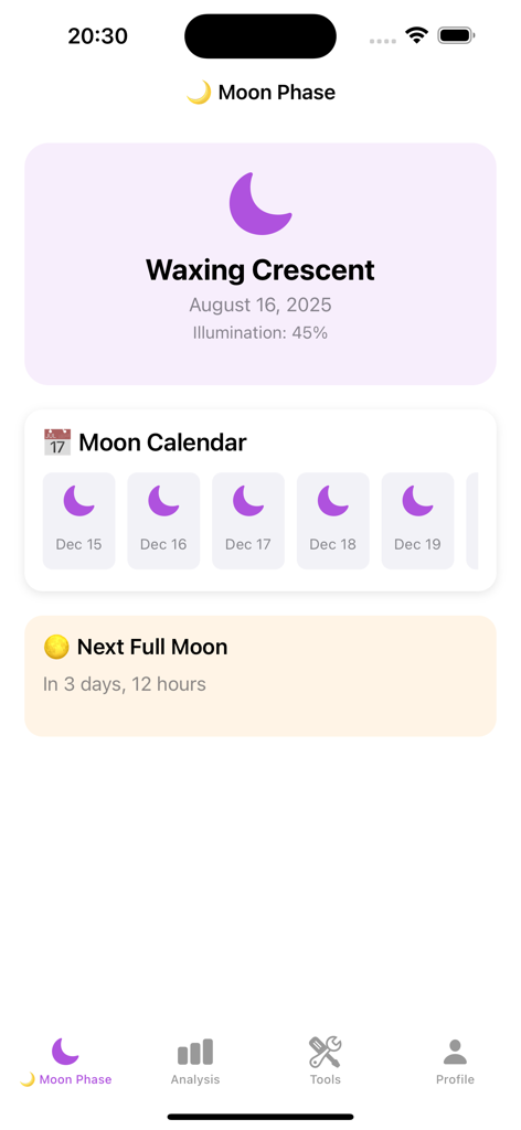 Moon-Lunar Calendar,Moon Phase - Interface of the Moon Lunar Calendar app showing the waxing crescent phase and upcoming full moon countdown