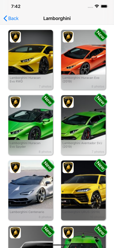 Best Car Wallpapers - All Cars - Eine mobile App-Oberfläche, die eine Galerie hochauflösender Lamborghini-Auto-Hintergrundbilder anzeigt, einschließlich der Modelle Huracan, Aventador und Urus