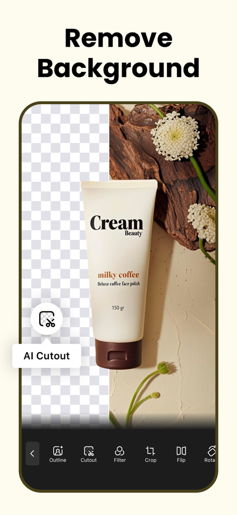 Screenshot dell'app inMelo che mostra lo strumento AI Cutout che rimuove lo sfondo da un'immagine di un prodotto di bellezza.