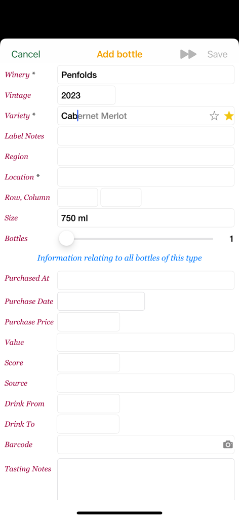 Data entry form to add a new wine bottle including winery variety and storage location fields
