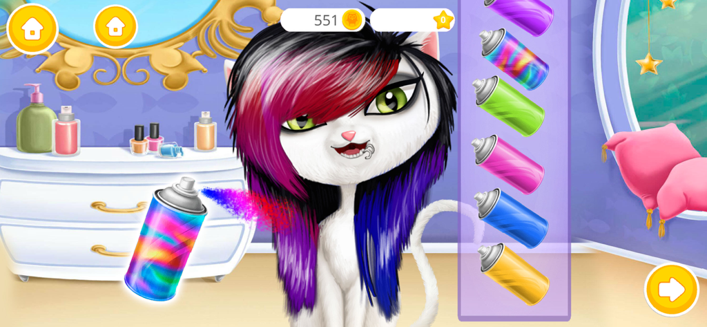 Cat Hair Salon Birthday Party - Un gatito tiñéndose el pelo con latas de spray de colores en un salón de peluquería virtual