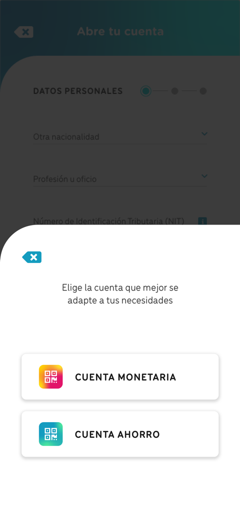 YOLO - Pantalla de selección en la app YOLO ofreciendo opciones para cuentas monetarias y de ahorro.