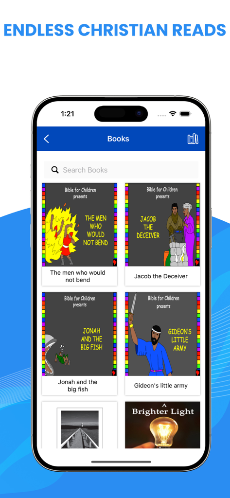 Amplified Bible - Pantalla de aplicación móvil que muestra una colección de libros infantiles cristianos ilustrados
