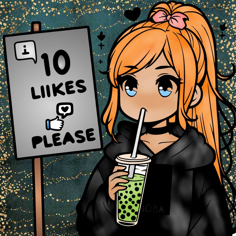 girl with a high ponytail and a hoodie drinking boba staring at a sign saying 10 likes please