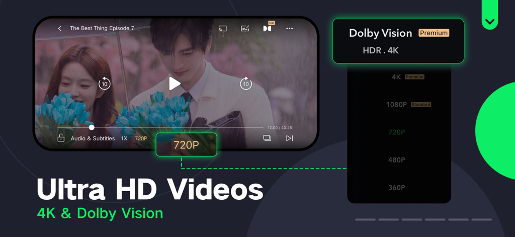 Interfaz de la aplicación móvil iQIYI destacando las funciones de transmisión Ultra HD 4K y Dolby Vision