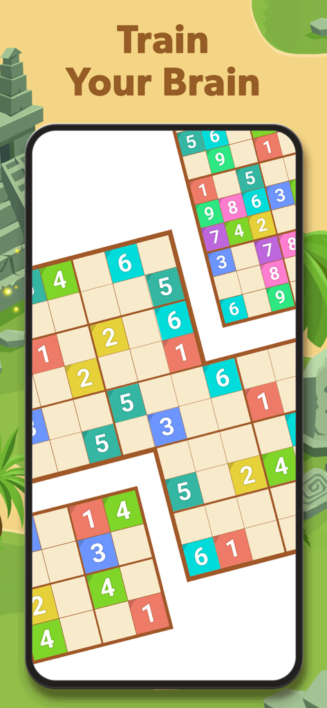 Sudoku Quest mobile game screenshot showing colorful logic puzzles and the text Train Your Brain