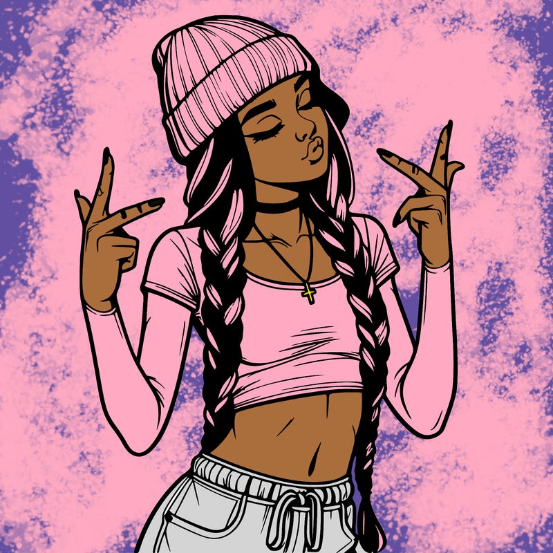 realistic teenage girl with braids and a beanie and crop top doing 🫶🏼