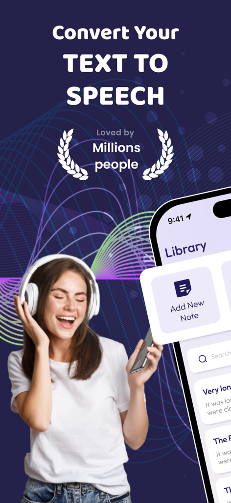 Text to Speech - TTS Reader - Una donna con le cuffie sorride mentre usa l'app Text to Speech per ascoltare contenuti audio