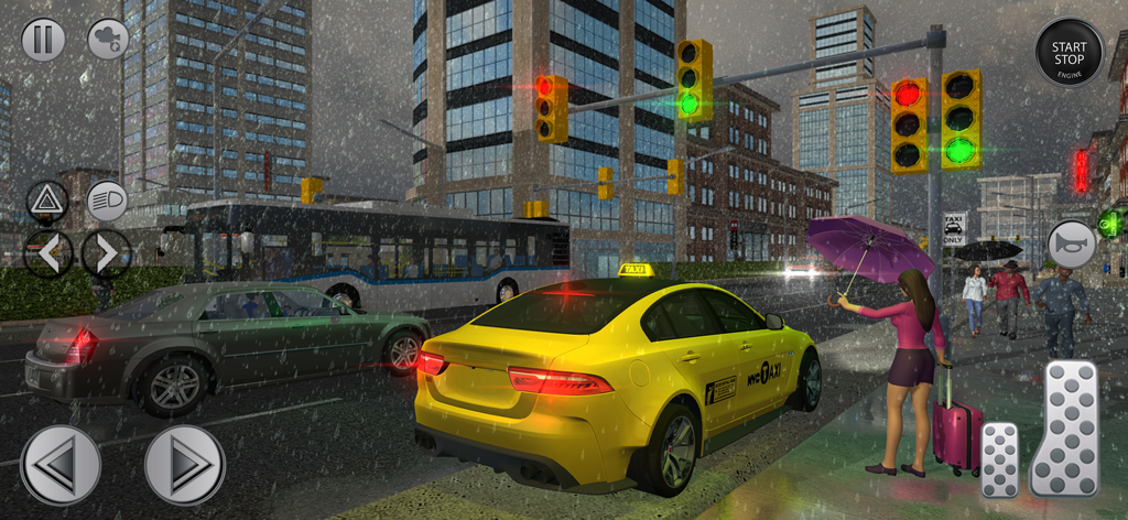 Grab City Taxi: Car Games 3D - Jugabilidad de Grab City Taxi mostrando un coche amarillo conduciendo en un entorno urbano lluvioso con un pasajero esperando en la acera