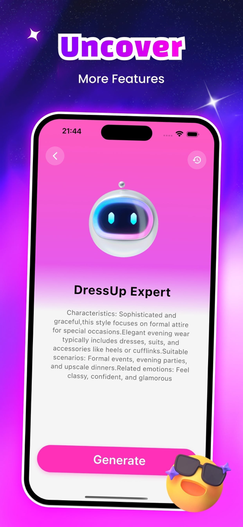 A screenshot of the Fufi app featuring the DressUp Expert, an AI style assistant providing advice on sophisticated and formal attire.