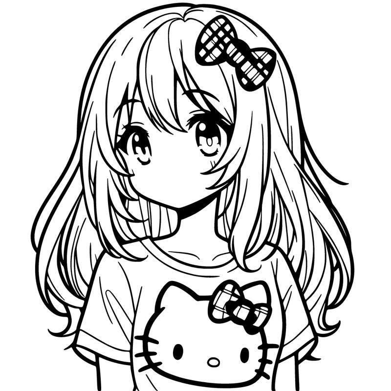 anime girl with shoulder length hair wearing a hello kitty shirt