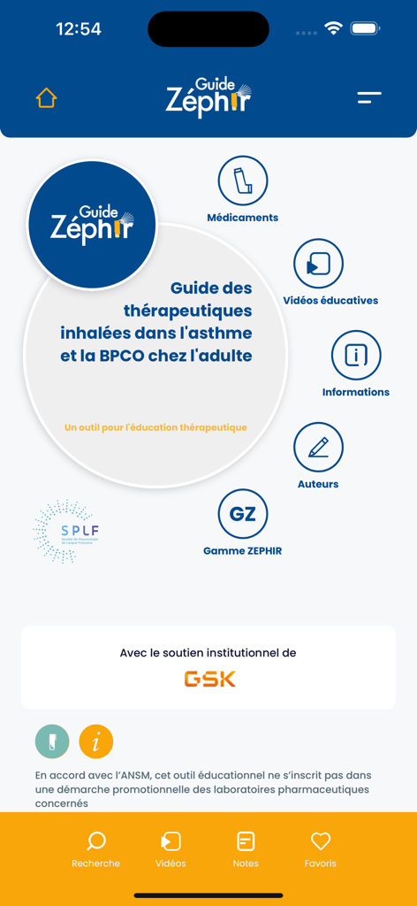 Écran d'accueil de l'application médicale Guide Zephir pour l'éducation respiratoire