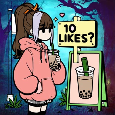 girl with oversized hoodie drinking boba and she has a high ponytail with a sign that says 10likes?