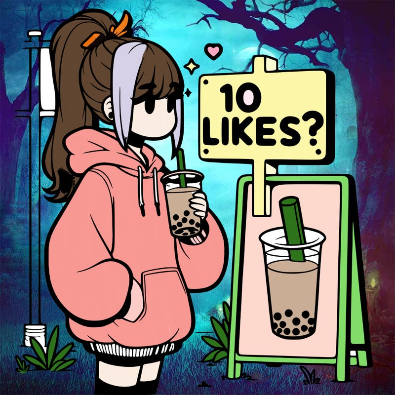 girl with oversized hoodie drinking boba and she has a high ponytail with a sign that says 10likes?