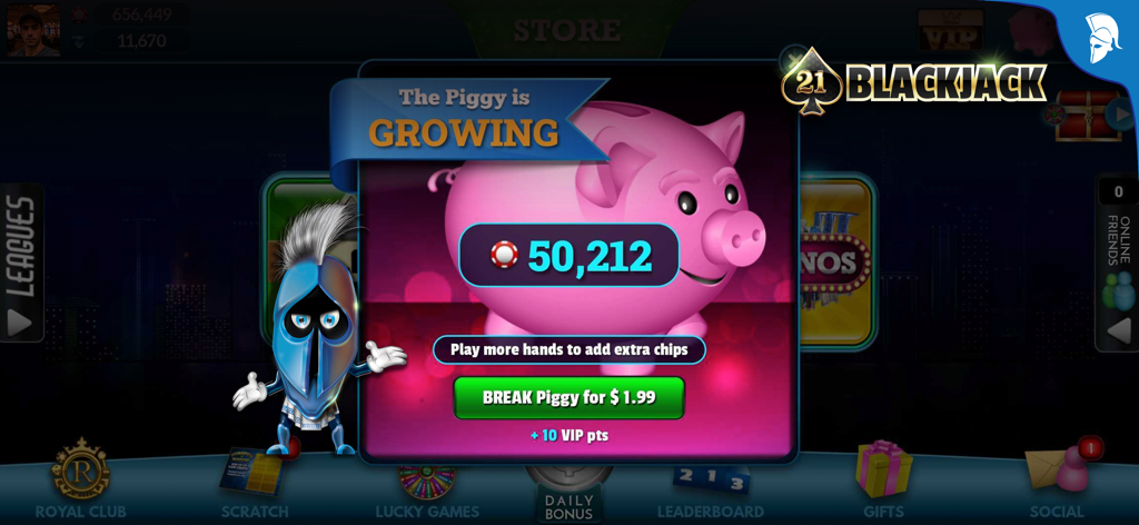 Blackjack 21: Live Casino game - Schermata del gioco Blackjack 21 che mostra un salvadanaio rosa con fiches e un pulsante per rompere il salvadanaio