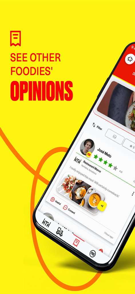 DIG-IN Portugal - Mobile app interface of DIG-IN Portugal showing a user restaurant review and food photos under the heading See other foodies opinions