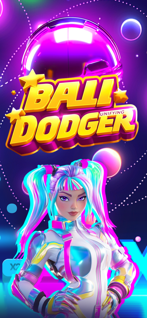 Ball Unifying Dodger game title screen with a futuristic neon character and space background