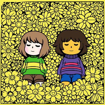 undertale, frisk and chara in a bed of flowers
