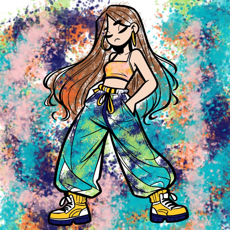 girl in baggy pants crop top and long hair