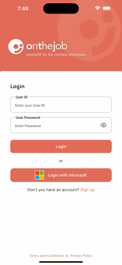 The login page for the OnTheJob app featuring user ID and password fields along with a Microsoft single sign-on button