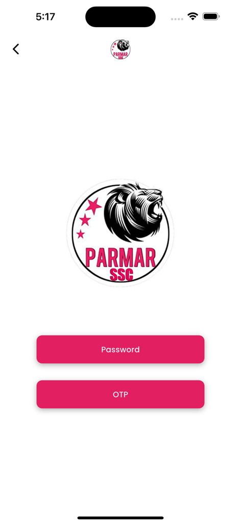 Parmar Academy authentication screen featuring a lion logo and login buttons for Password and OTP