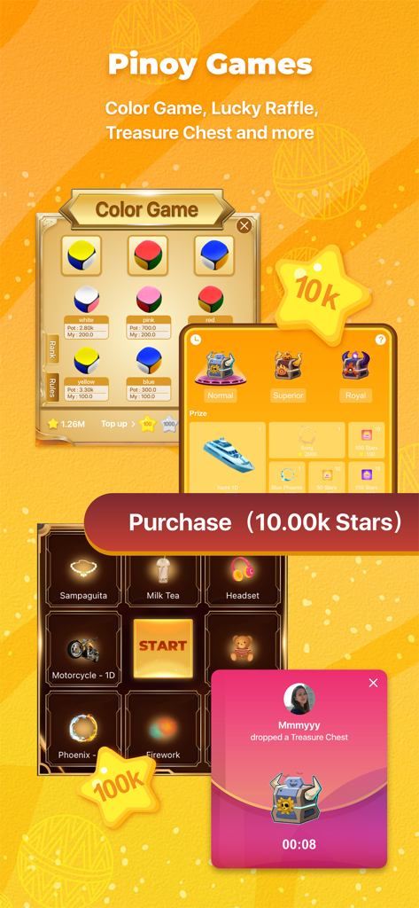 Un écran montrant divers jeux Pinoy dans l'application Calamansi, y compris le jeu de couleurs et des cadeaux virtuels