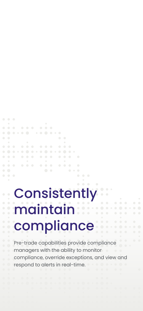 Enfusion Mobile compliance management screen detailing real-time pre-trade monitoring and alert response capabilities.