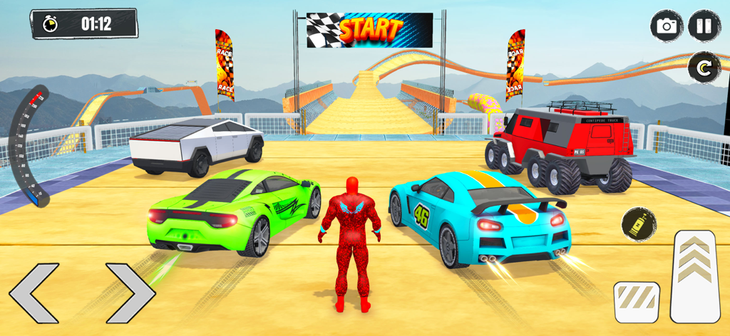 Extreme Car Driving: Mega Ramp - Varios coches deportivos y un monster truck al inicio de una pista de acrobacias en mega rampa.