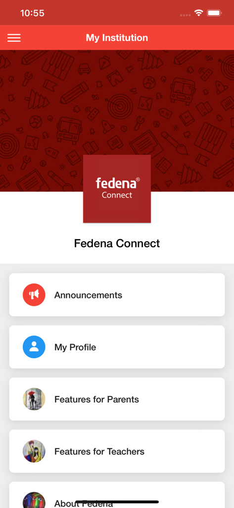 Écran d'accueil de l'application mobile Fedena Connect avec les options de menu pour les annonces, le profil, les parents et les enseignants