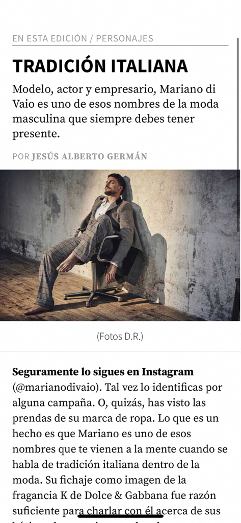 Uma captura de tela do aplicativo GQ Mexico mostrando um artigo de moda sobre Mariano di Vaio intitulado Tradicion Italiana.