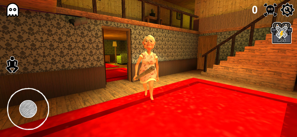 Creepy Elders: House Escape - Gameplay screenshot of a creepy elderly woman holding a bat while chasing the player in a mansion