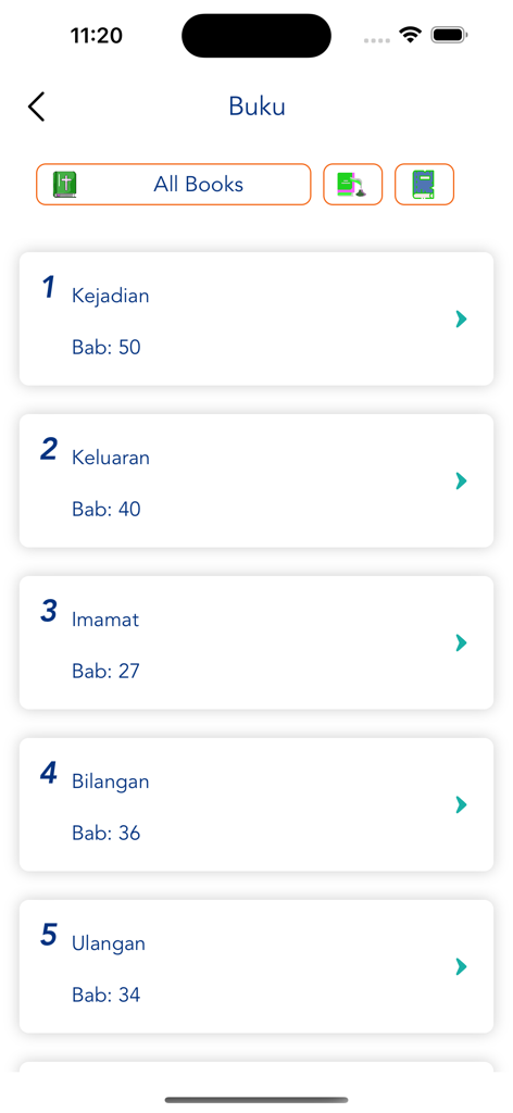 Alkitab Audio - Mobile screen showing a list of Indonesian Bible books including Genesis and Exodus in the Alkitab Audio app